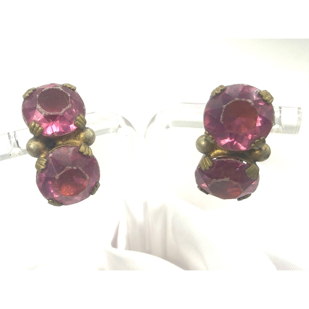 Vintage Pink Glass Chunky Clip On Earring Brass Tone Mid Century Estate Jewelry